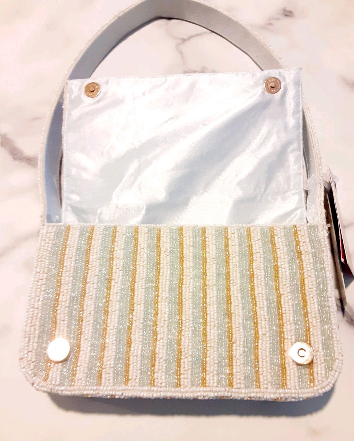 Made in India Beaded Tomato Striped Mini Shoulder Bag Purse White Gold Mint