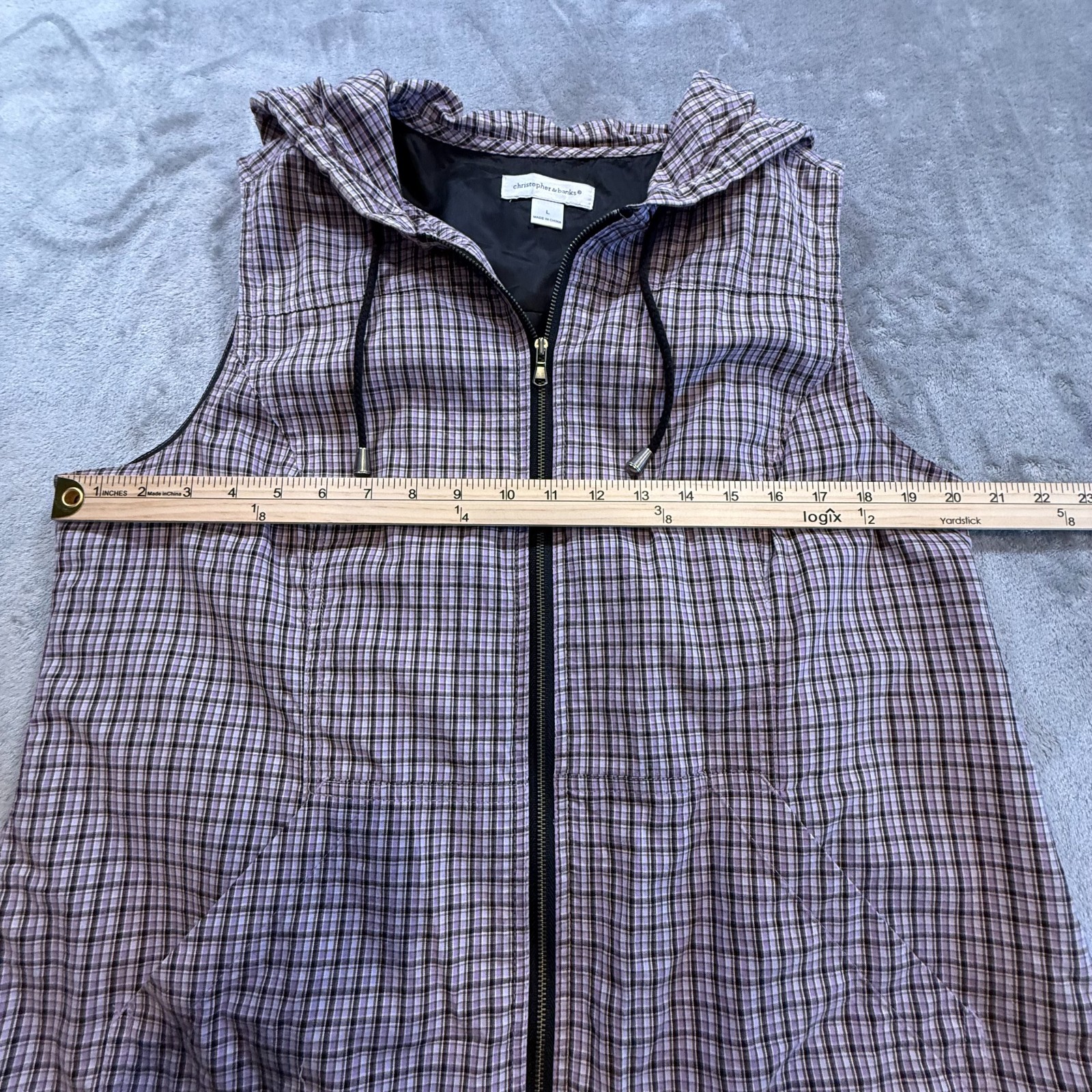 Christopher & Banks Womens Purple Plaid Hooded Zip Up Vest Large L Pocketed