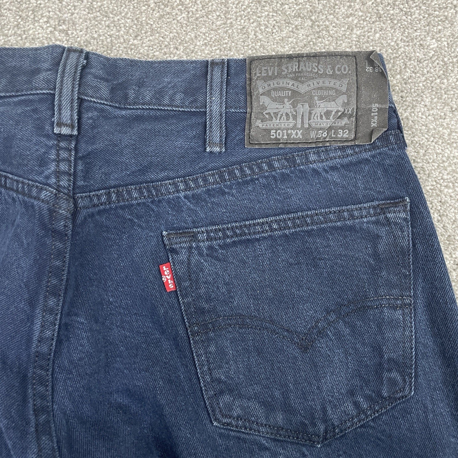 Levis 501XX Shrink To Fit Jeans Mens 38×32 (Fit 35×30) Button Fly Navy Dark Wash