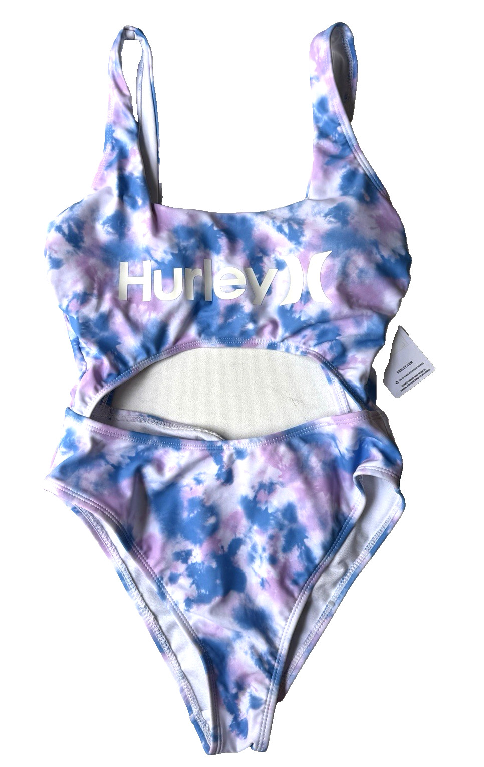 Hurley Women’s One Piece Swimsuit Tie-Dye Blue Purple White Cutout Size S NWT