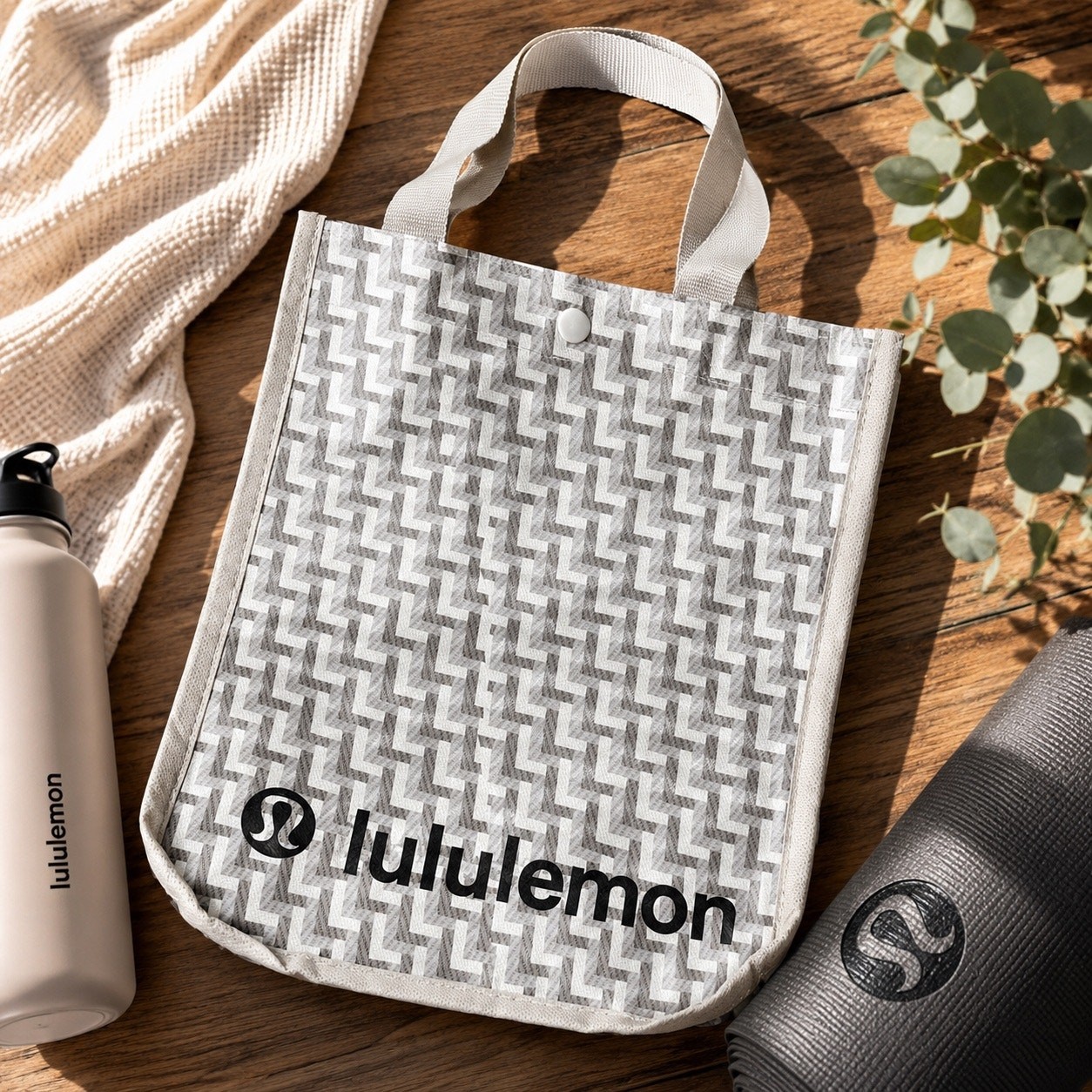 New Lululemon Reusable Tote Bag Gray Chevron Logo Shopper Gift Bag Eco Friendly
