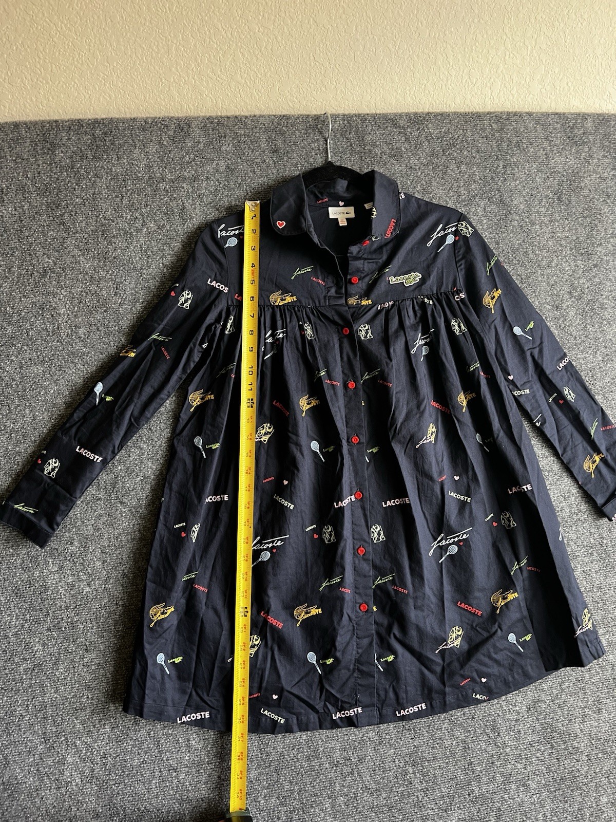 Lacoste Navy Graphic Logo Print Collared Button Front Tunic Blouse Girls 12
