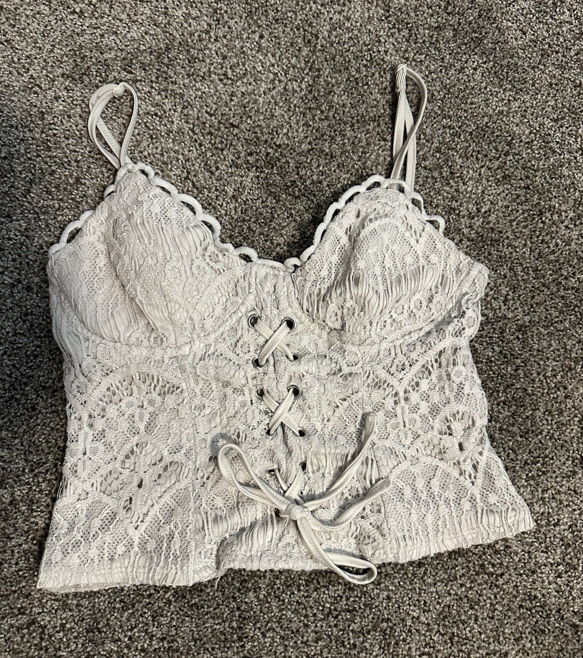 Lily White Lace Corset Crop Top XS Ivory Boho Festival Lace Up Cami Whimsigoth