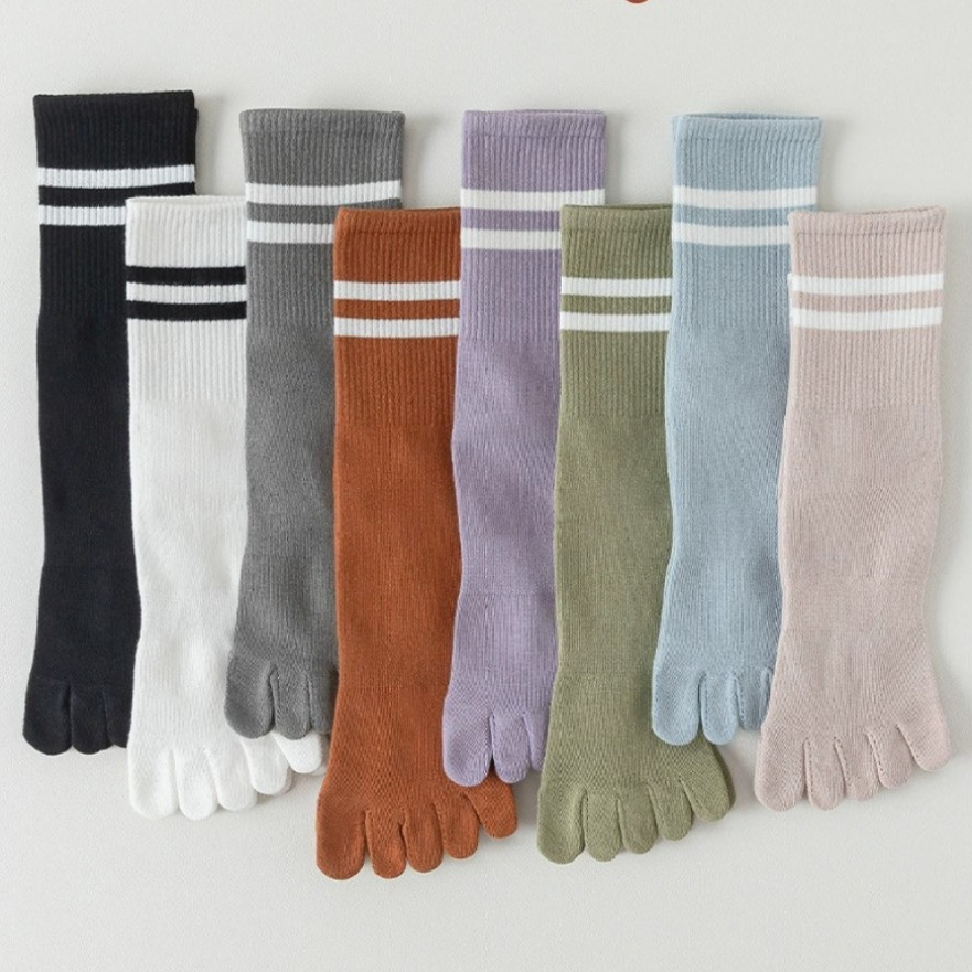 Women Crew Ankle Five Finger Toe Striped Solid Casual Girls Cotton Socks 5Pairs