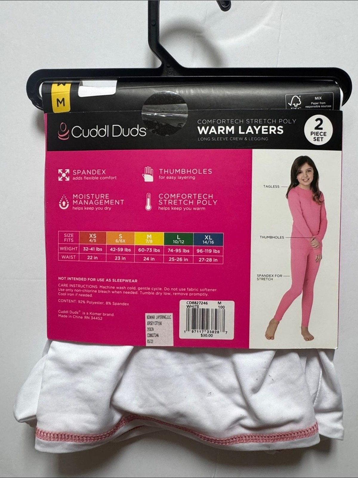 Cuddl Duds Girls White Top with Red/Pink Trim and leggings – Warm Layers Set