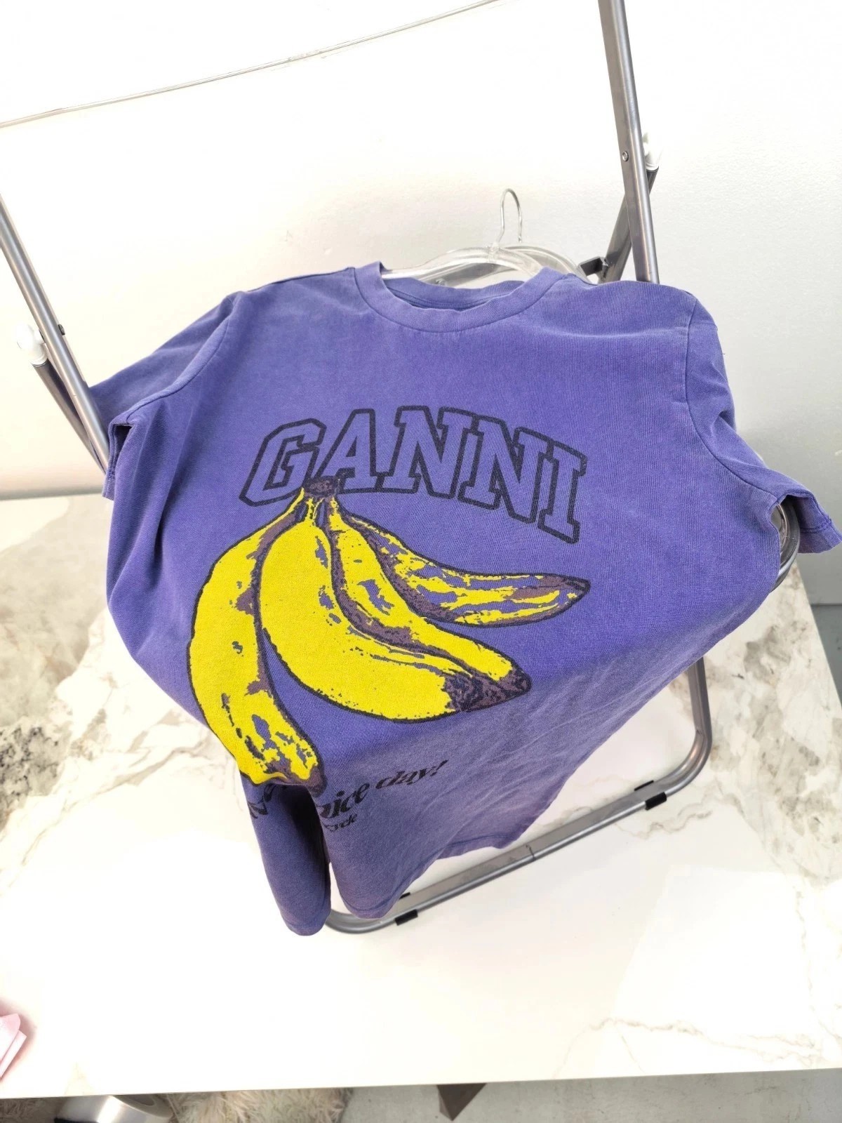 Ganni Women’s Purple banana Printed Graphic Short Sleeve Crewneck T-Shirt