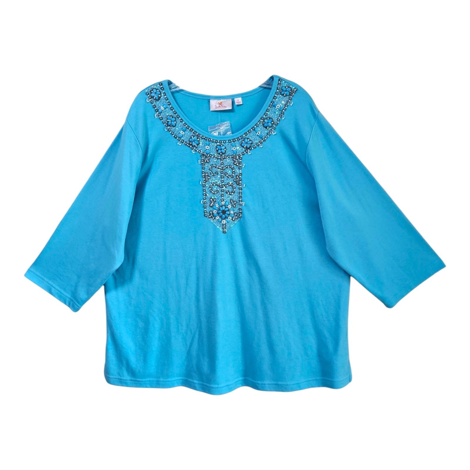 QUACKER FACTORY Women’s Plus 2X Tunic Top Turquoise Beaded 3/4 Sleeve 50″ NWOT
