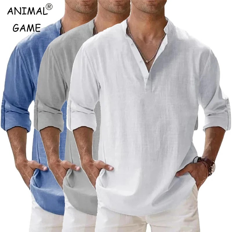 Men’s Cotton Linen Henley Long Sleeve Shirt Casual Beach T-shirt Tee Summer Gift