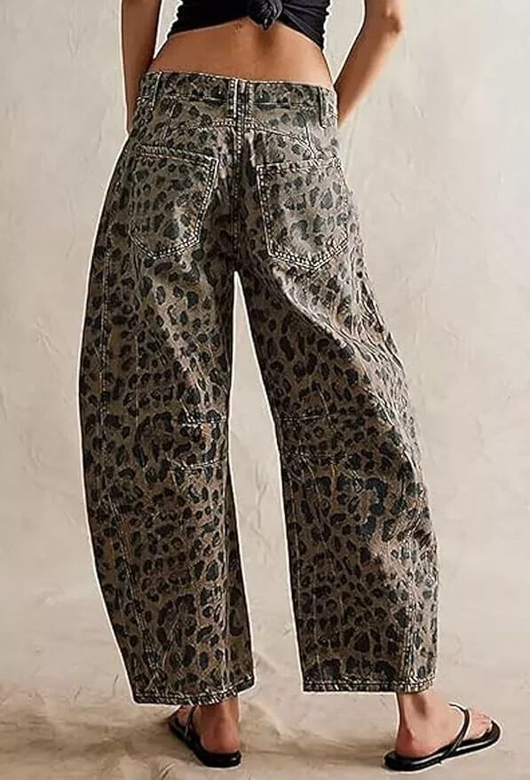 Women Wide Leg Cropped Jeans Y2k Mid Rise Baggy Jeans Boyfriend Denim Pants Leop