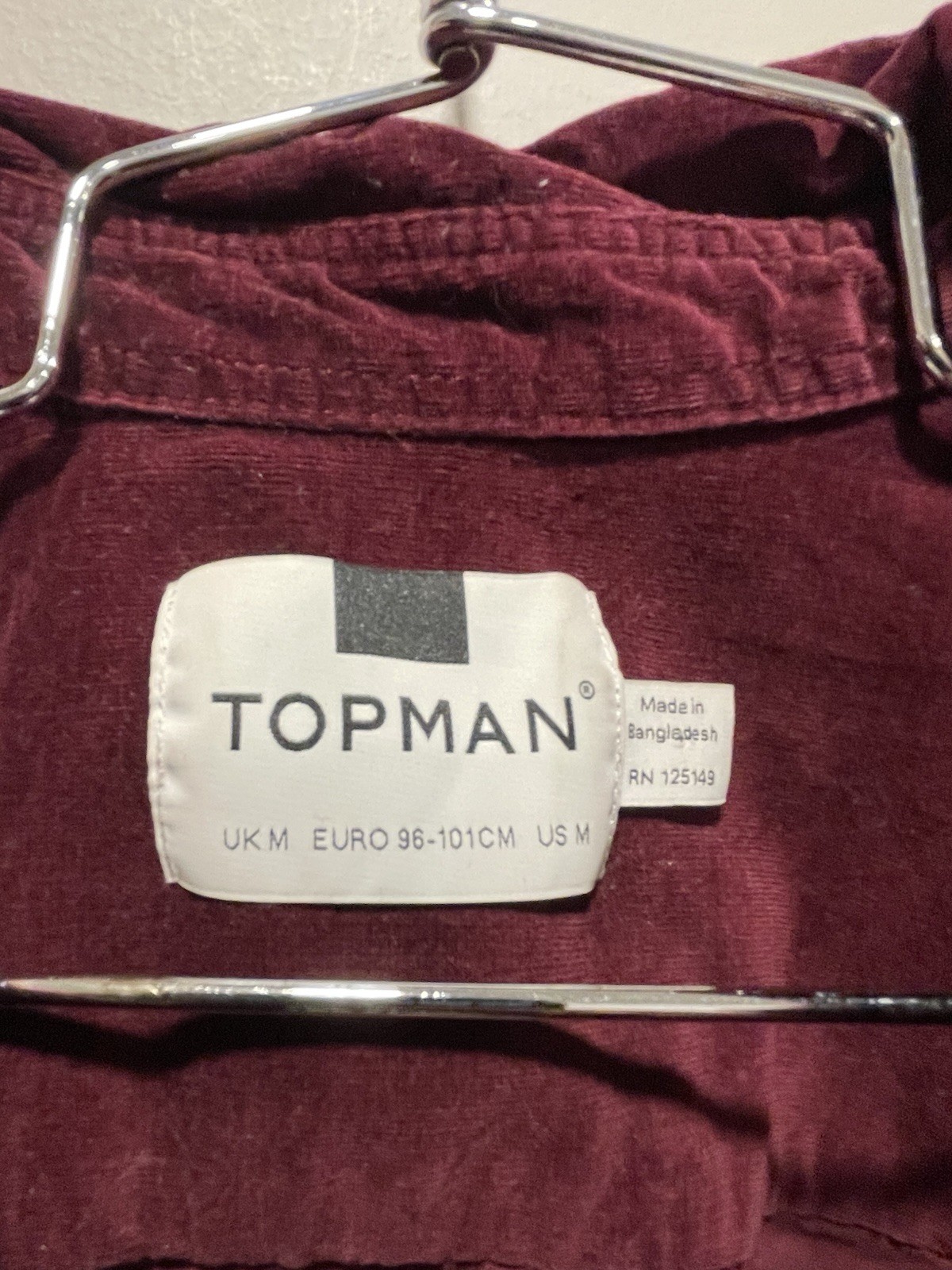 Topman Mens Wine Red Burgundy Medium Velvet Button Down Dress Shirt