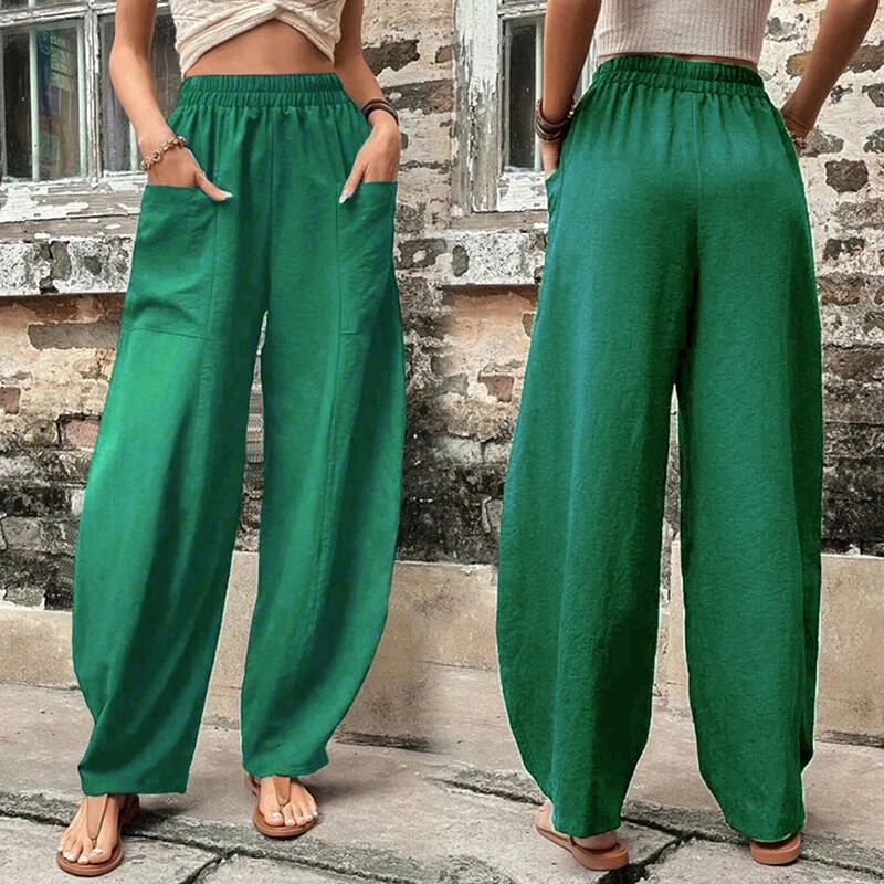 Summer Womens Cotton Linen Breathable Baggy Harem Pants Elastic Waist Trousers