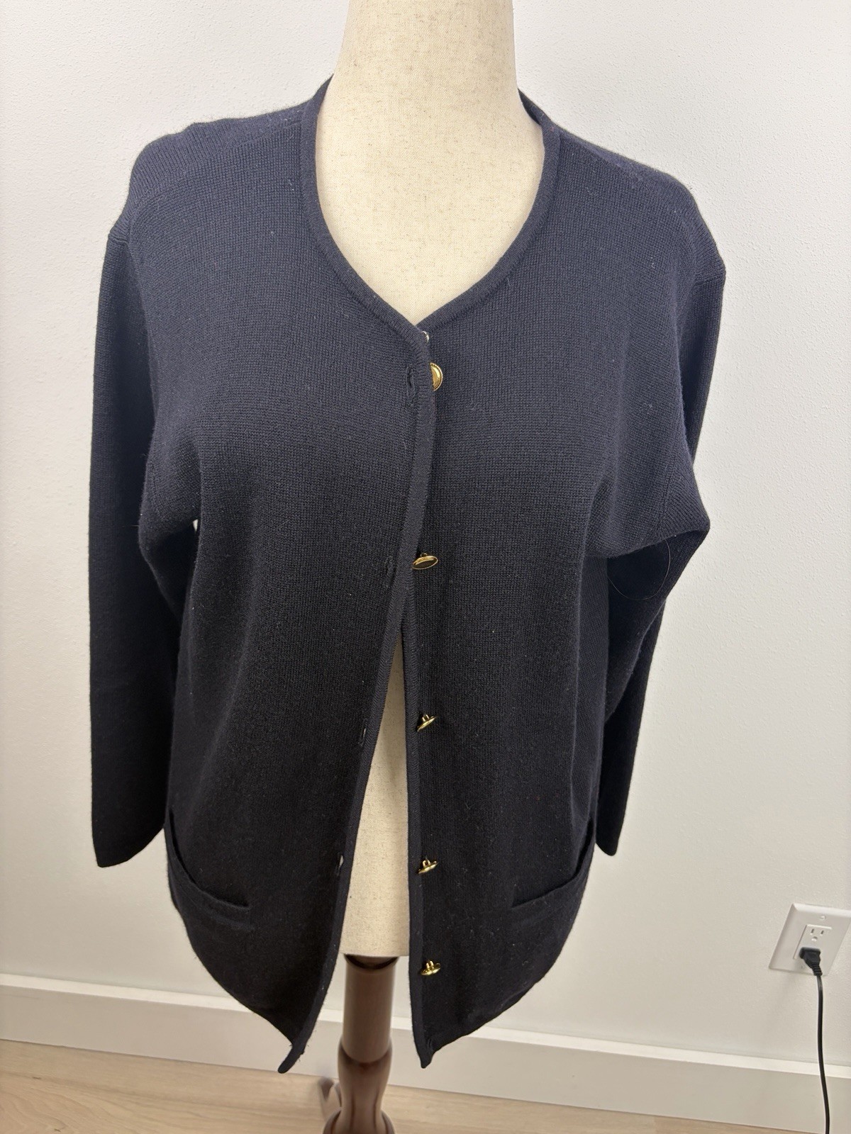 Talbots Petites L Black 100% Merino Wool Cardigan Sweater Gold Buttons