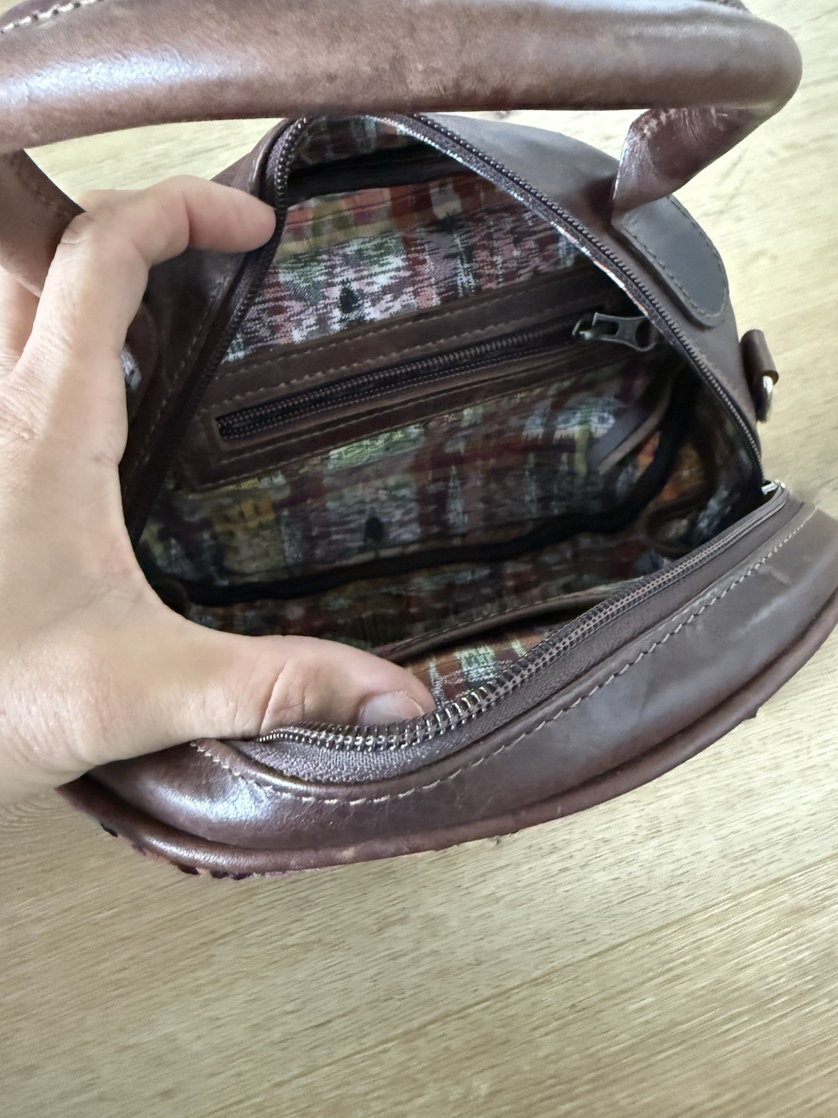 Brown Multicolor Geometric Round Crossbody Bag Zip Top Tassel Detachable Strap