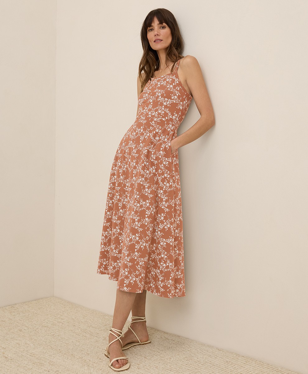 Pact Women’s Fit & Flare Midi Dress Large Short Bouquet Blooms Ochre