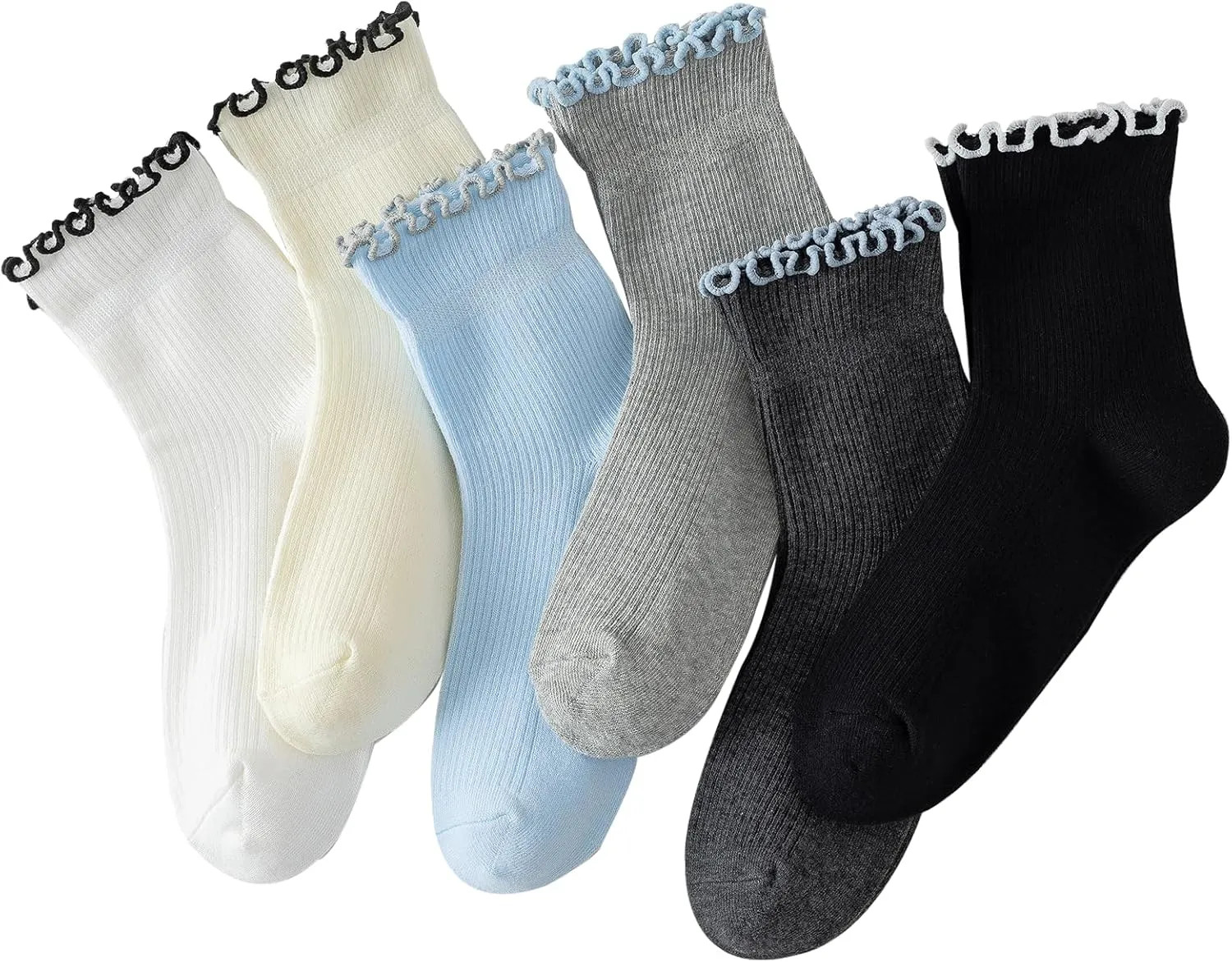 6 Pairs Women Ruffle Ankle Socks Cute Frilly Socks Cotton Blend