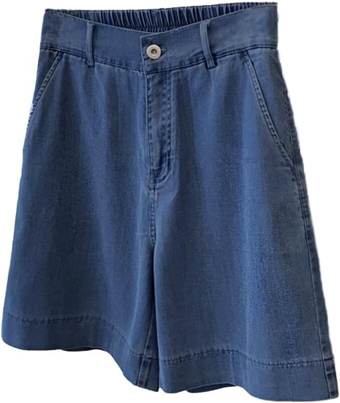 Women Summer Denim Shorts Lightweight Back-Elastic Waist Wide Leg Bermuda Shorts