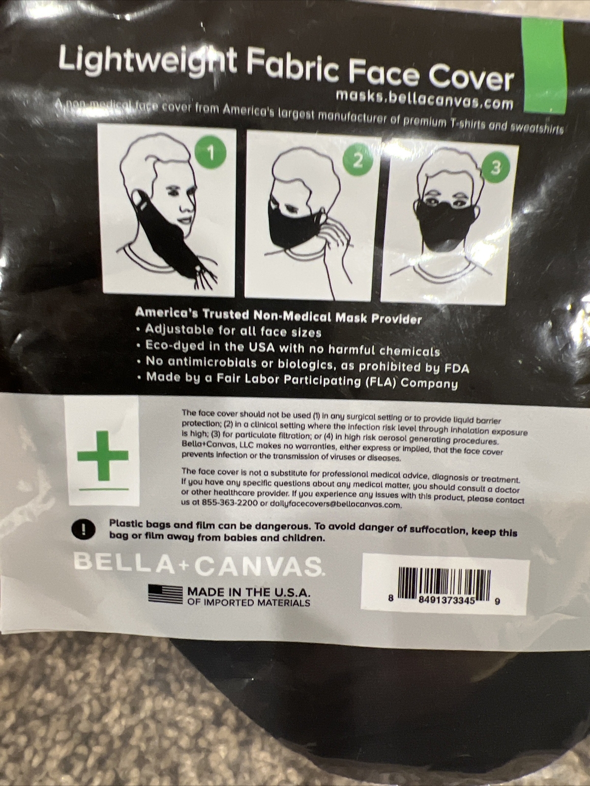 5 COUNT Bella+Canvas Face Mask, Lightweight, Black- NEW in Package