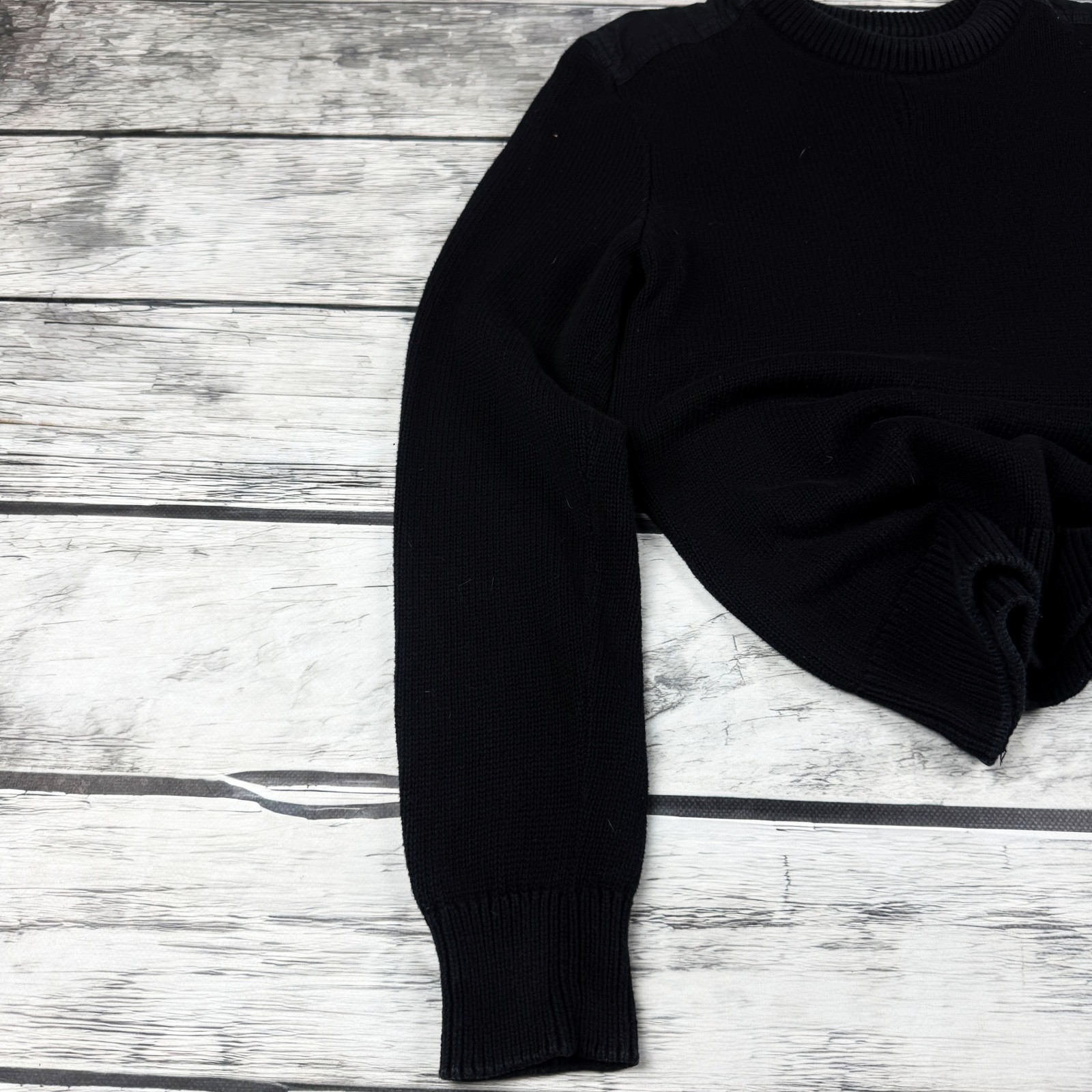 Mens Vintage Black Knit Sweater Zip Pocket Sleeve Minimalist Military Jumper