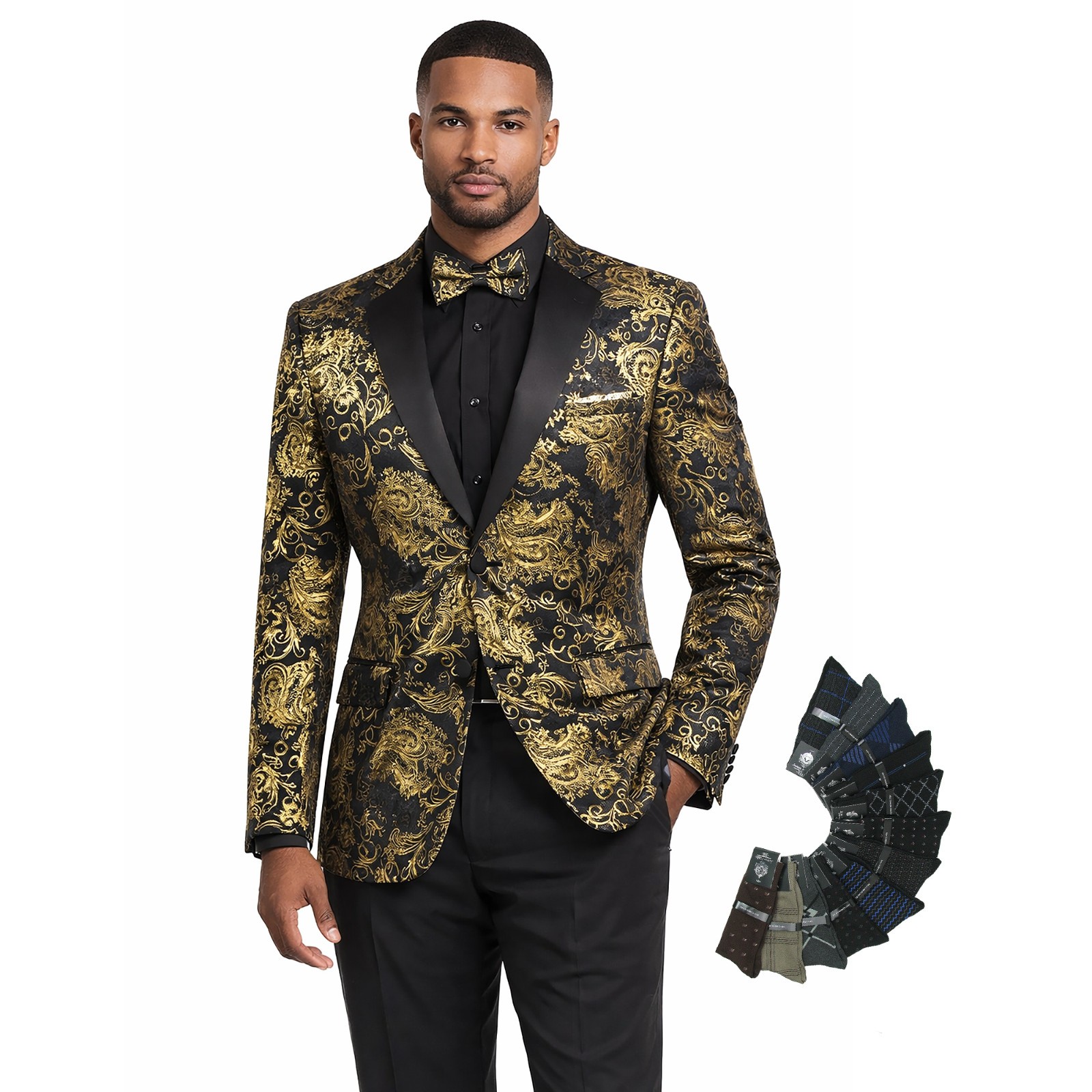 Men’s Paisley Embossed Blazer Modern Fit Tuxedo Jacket + Bow Tie & Free Socks
