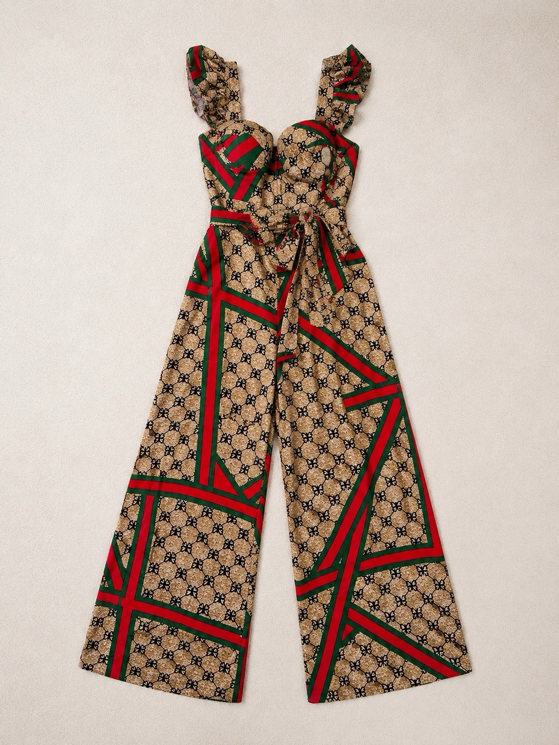 Women’s Beige Red Green Black Geometric Wide-Leg Sleeveless Ruffle Jumpsuit