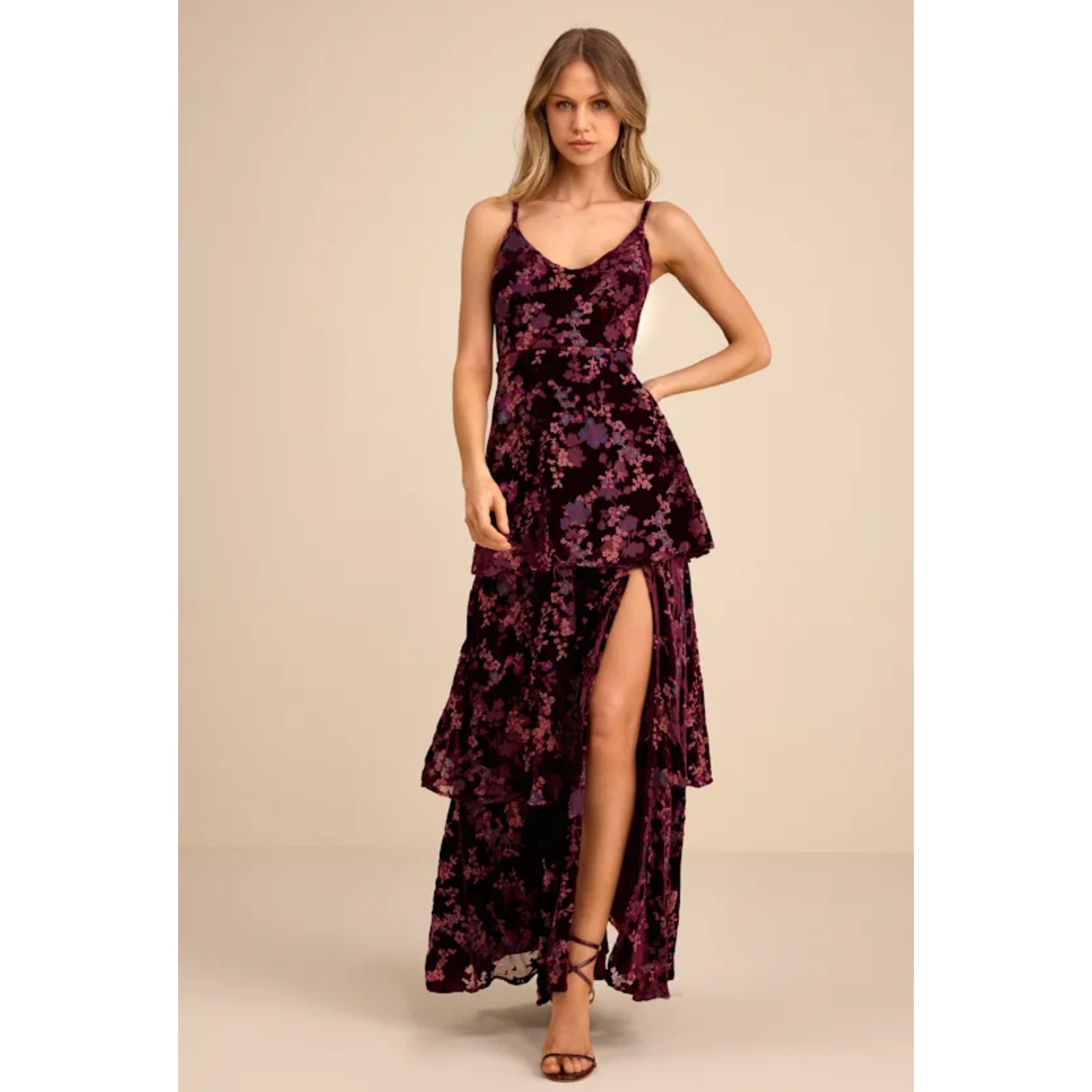 Lulus Plum Purple Floral Burnout Velvet Tiered Maxi Dress M Wimsigoth Etheral