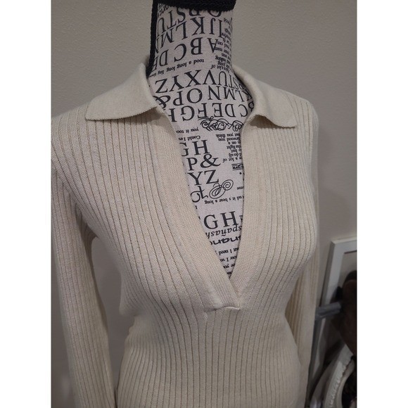 prAna Milani Polo Sweater Women SZ M Rib knit Collar V neck fitted Cotton wool