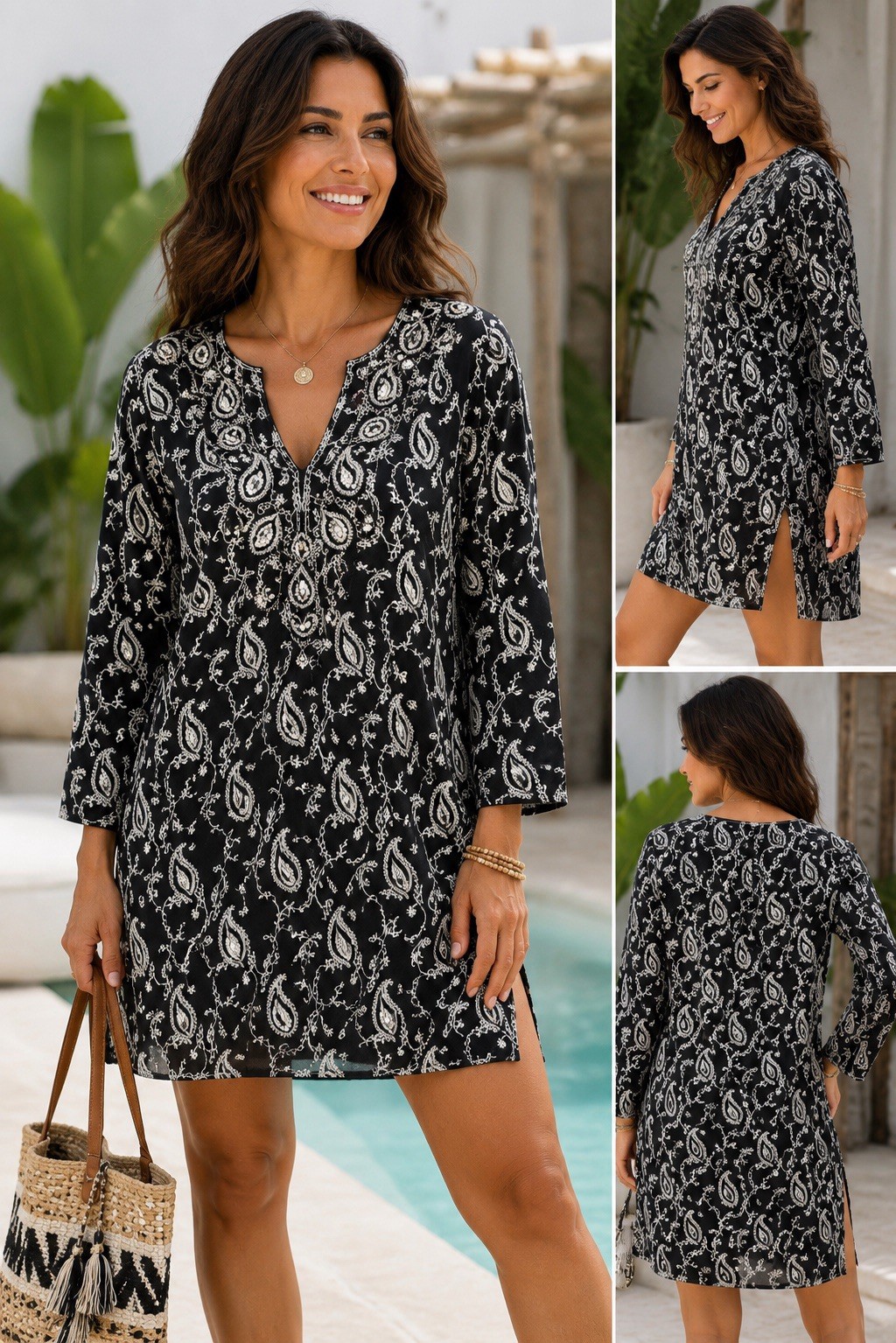 Raj India Cotton Embroidered Paisley Tunic Swim Cover Up Black White M