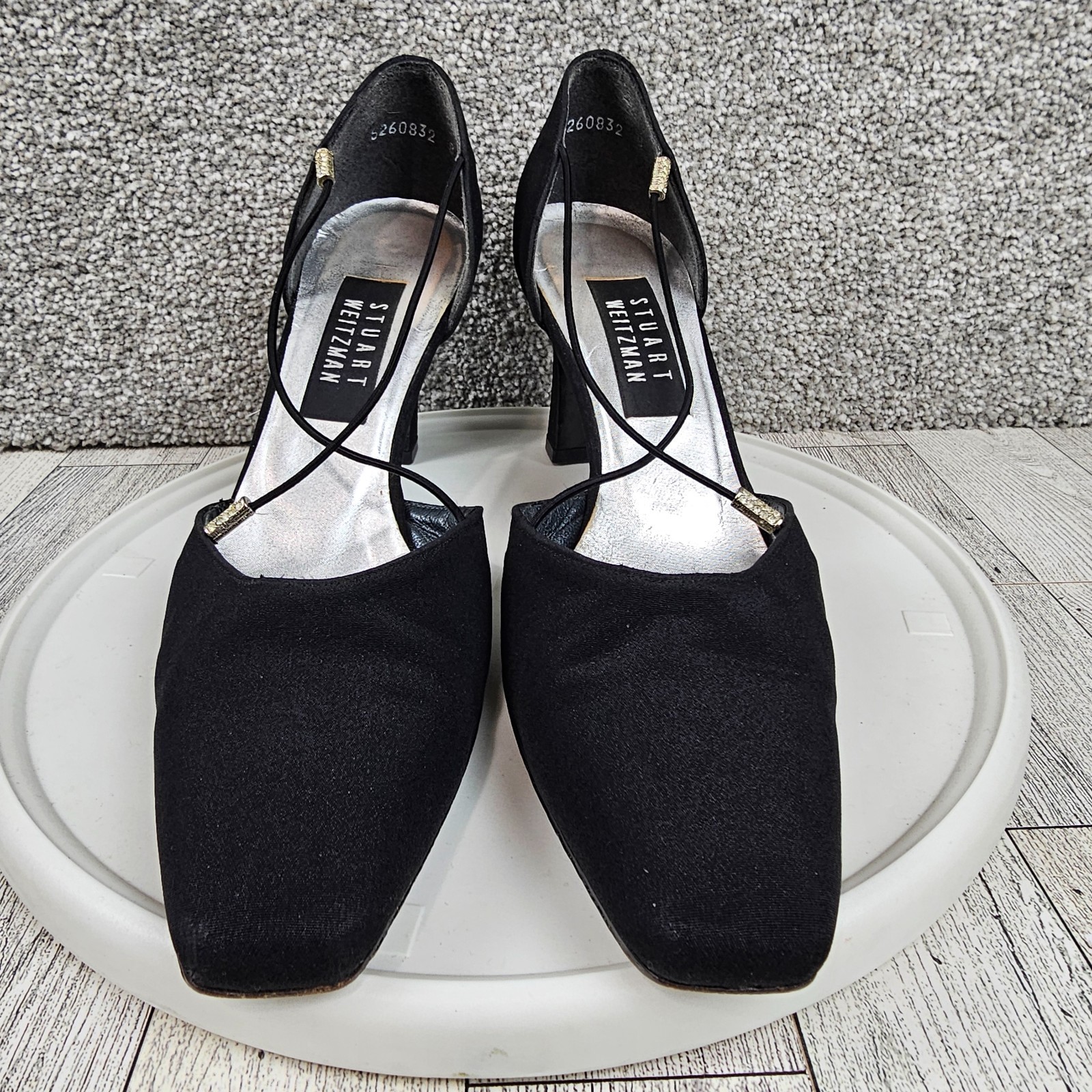 STUART WEITZMAN Heels Black Fabric Shoes Jeweled Accent Elastic Straps Size 8A