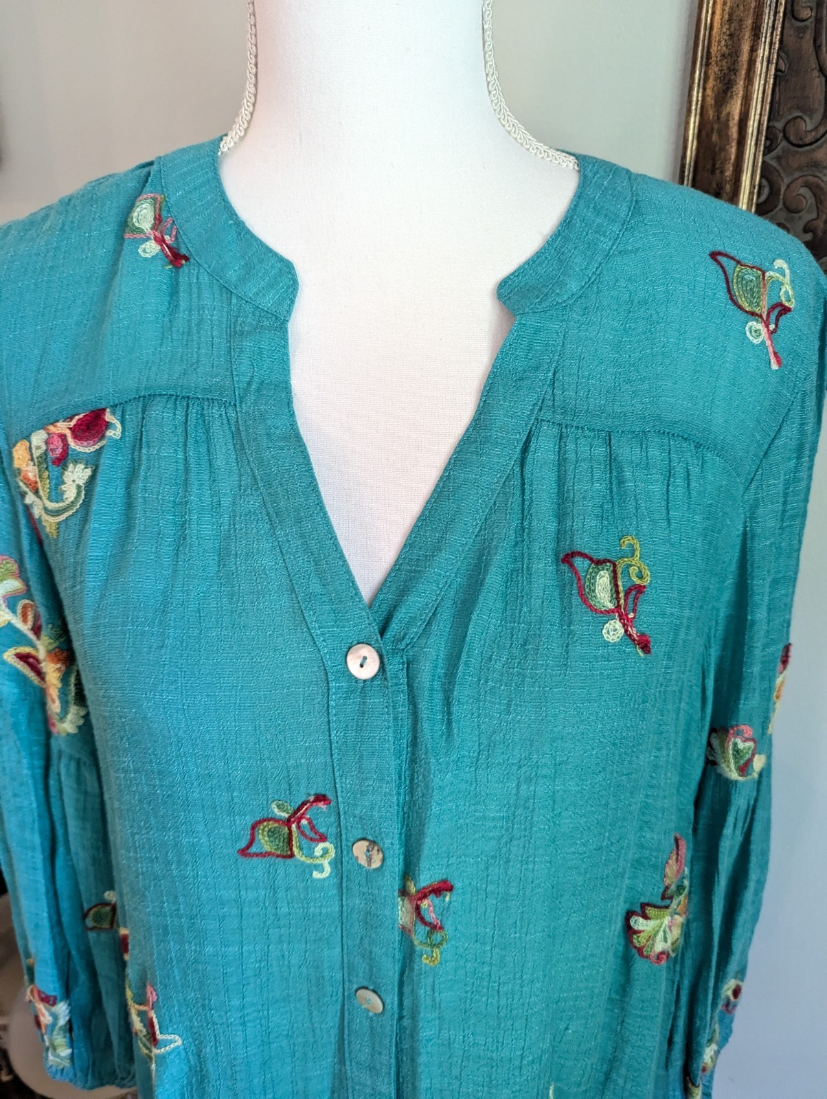 NEW Figueroa & Flower Women’s Large Turquoise Embroidery Boho Blouse Semi-sheer