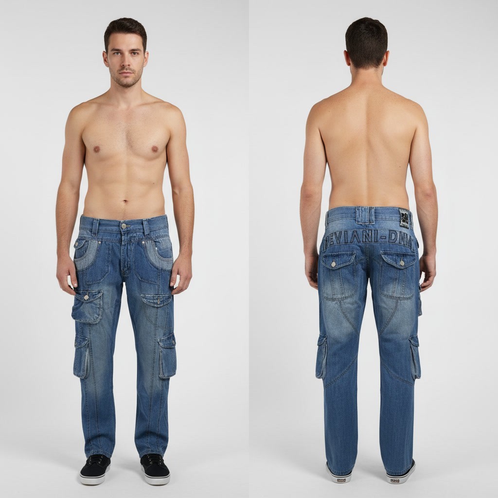 Peviani Men Cargo Jeans Denim Multi Pocket Biker Baggy Style Light Blue Pants