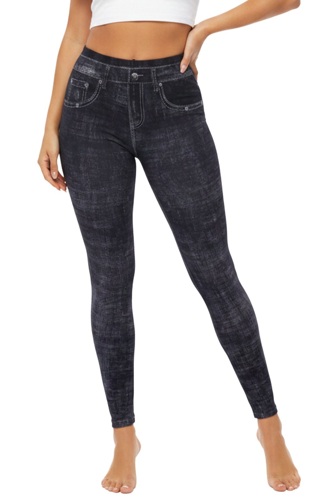 Womens Denim Print Fake Faux Jeans Leggings Acid Wash Look Stretchy Pants
