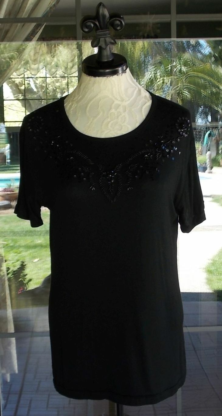 New Black Beaded Short Sleeve Stretchy Knit Shirt Sz. L 42″ Bust