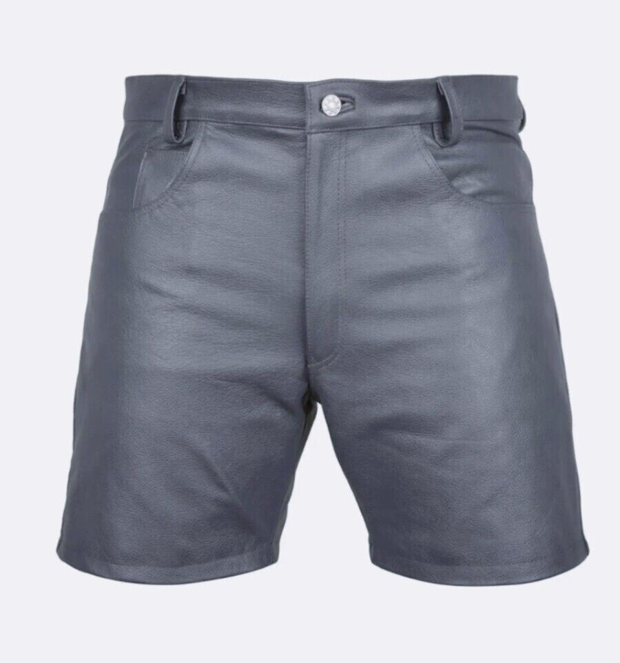 Men’s Leather Shorts Black Casual 5 Pockets Zipper Fly Cow Leather Shorts