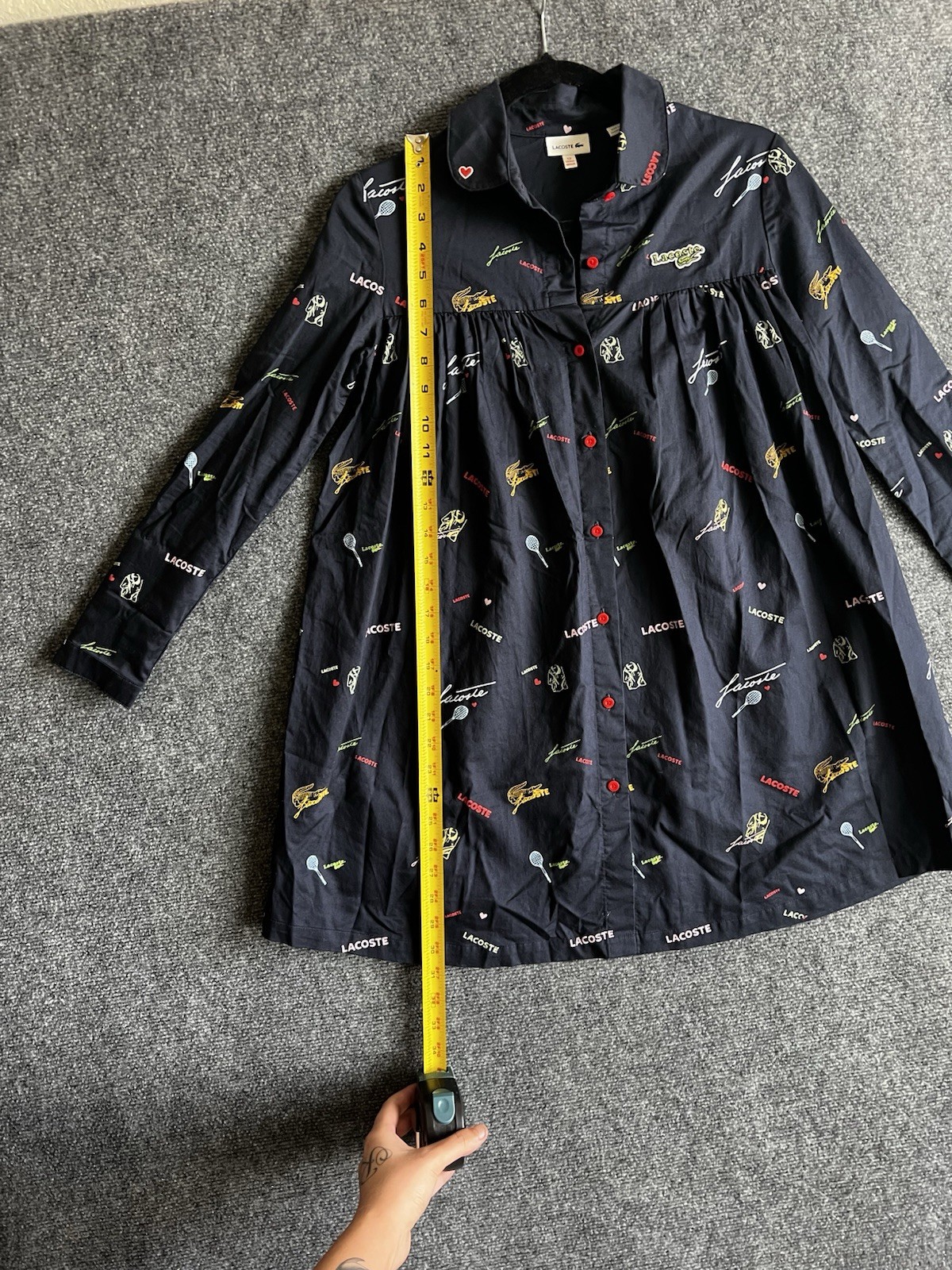 Lacoste Navy Graphic Logo Print Collared Button Front Tunic Blouse Girls 12