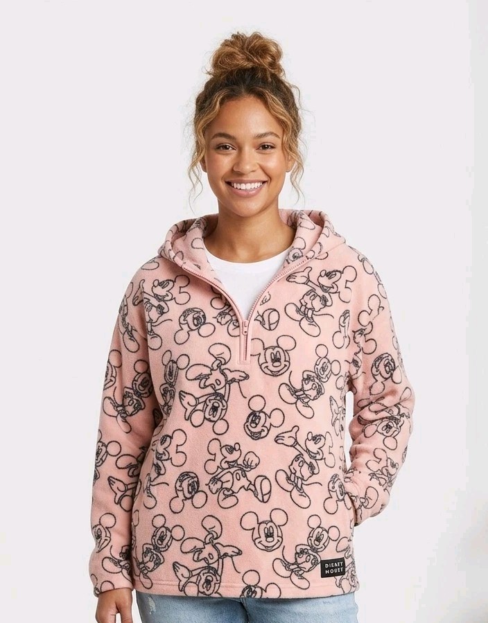 Disney Women’s LG 11/13 Mickey Mouse Pink Fleece 1/4 Zip Pullover Hoodie