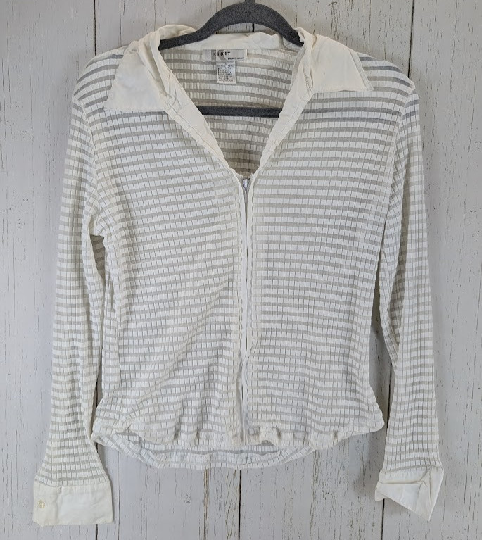 Unbranded Size Large Ivory Full Zip Knitted Fabric Semi Sheer Womens Top
