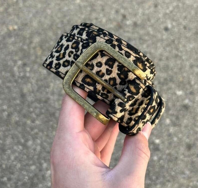 Vintage Style Cheetah Leopard Print Fur Belt American Western Boho Black and Tan