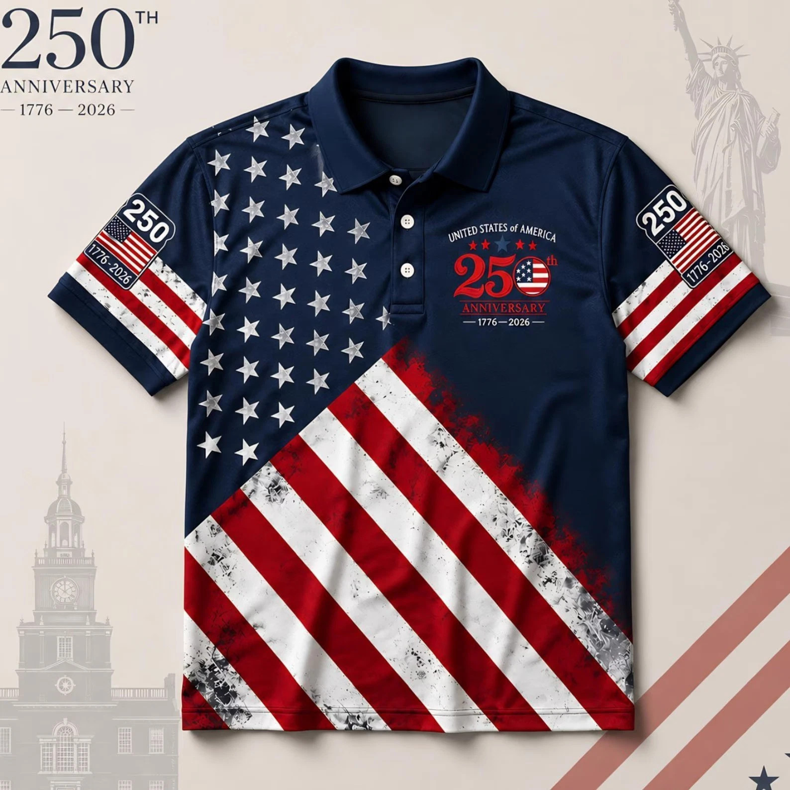 Patriotic American Flag Golf Polo Shirt 250th Anniversary Polo Shirt 1776–2026