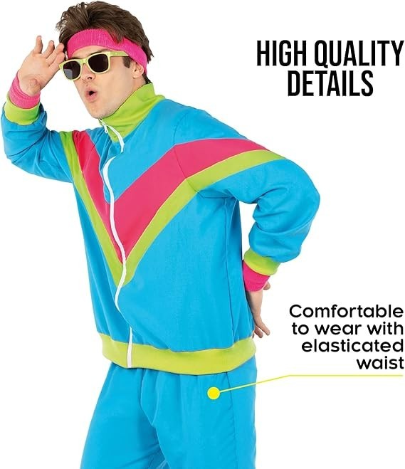 Men`s Bright 80`s Tracksuit Costume Adult 90`s Neon Retro Track Suit Halloween