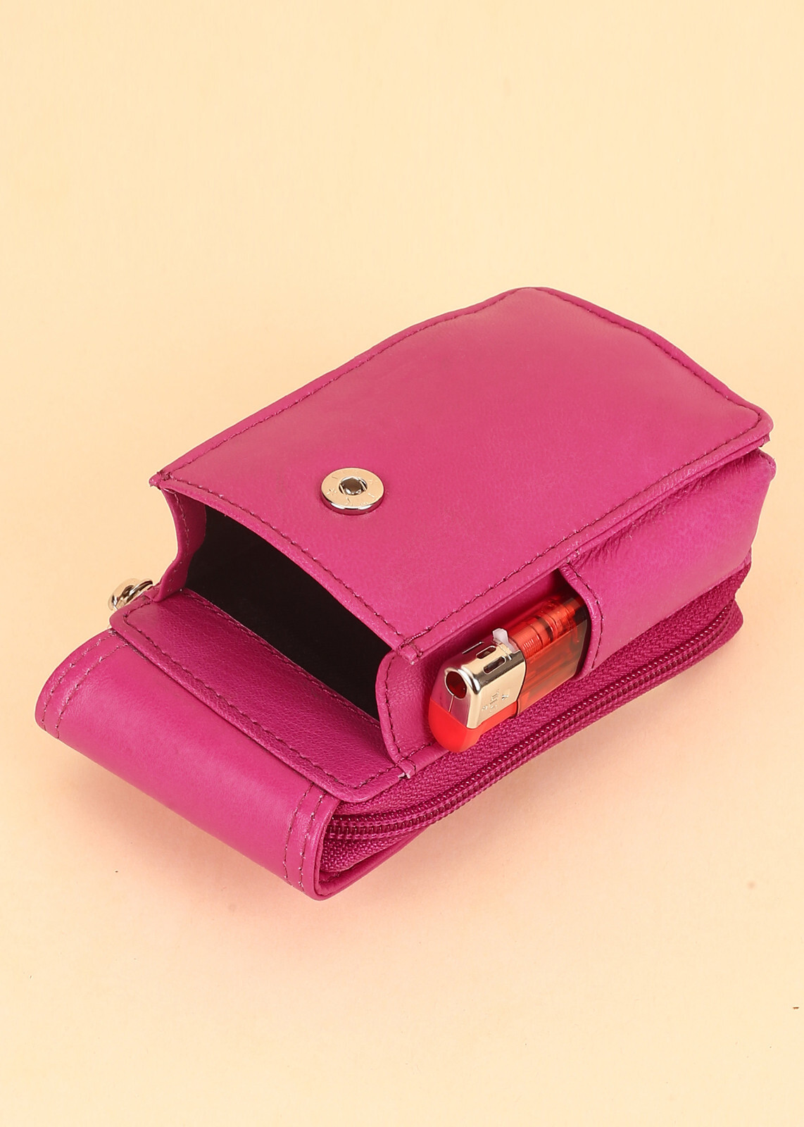 Leatherboss Cigarette Case Lighter holder Attached All Around Zipper Wallet Pink