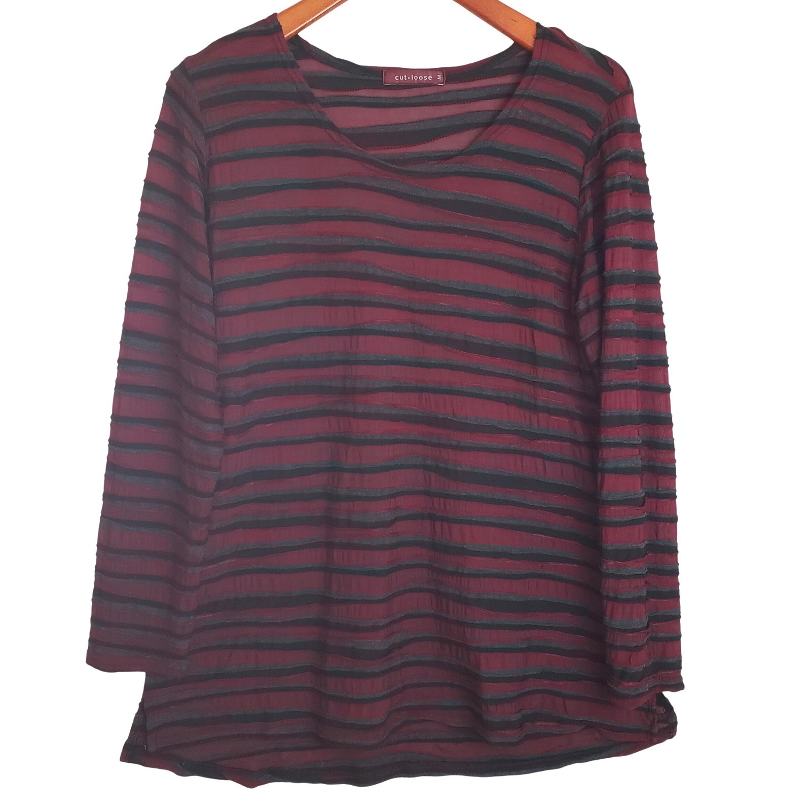 Cut Loose Womens Tunic Top Burgundy Gray Striped LS Textured Sz M semi-sheer