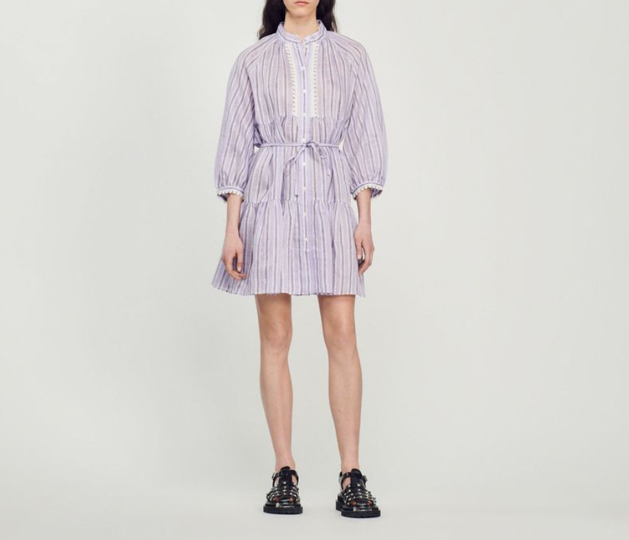 Sandro Paris Dress SFPRO02904 Purple Striped Linen Blend Size 38 M Womens Short