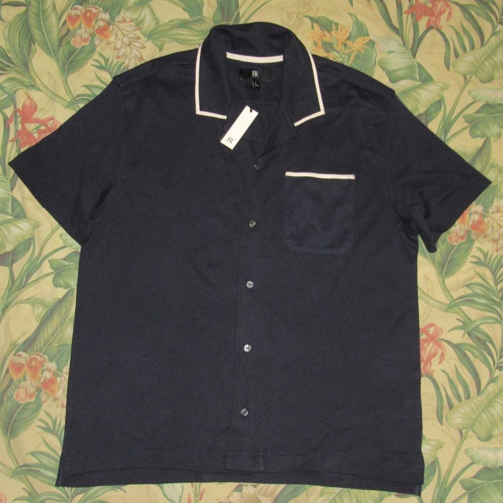 $80 BANANA REPUBLIC Navy Blue Lux Touch Tip Short Sleeve Button Down Shirt L NWT