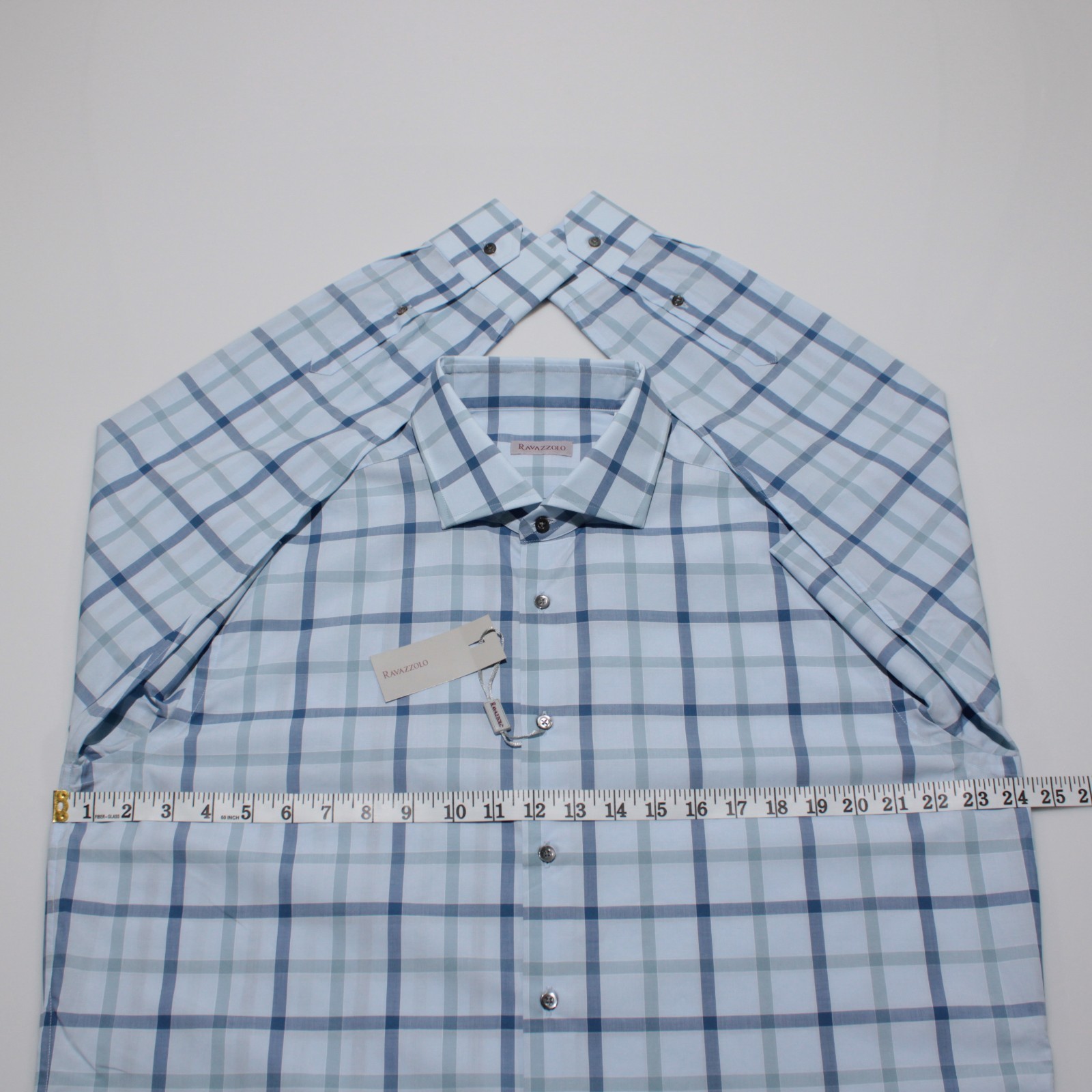 Ravazzolo NWT Dress Shirt Size 44 17.5 in Shades of Blue Plaid 100% Cotton