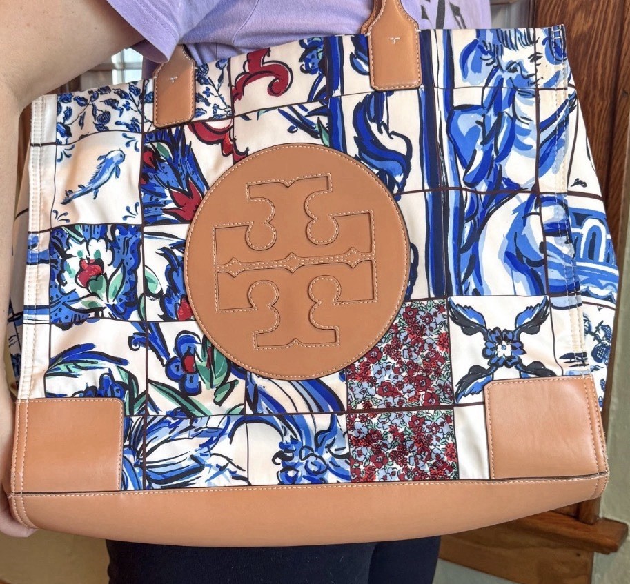 Tory Burch Multicolor Floral Tote Bag Tan Leather Trim Blue Lining Magnetic