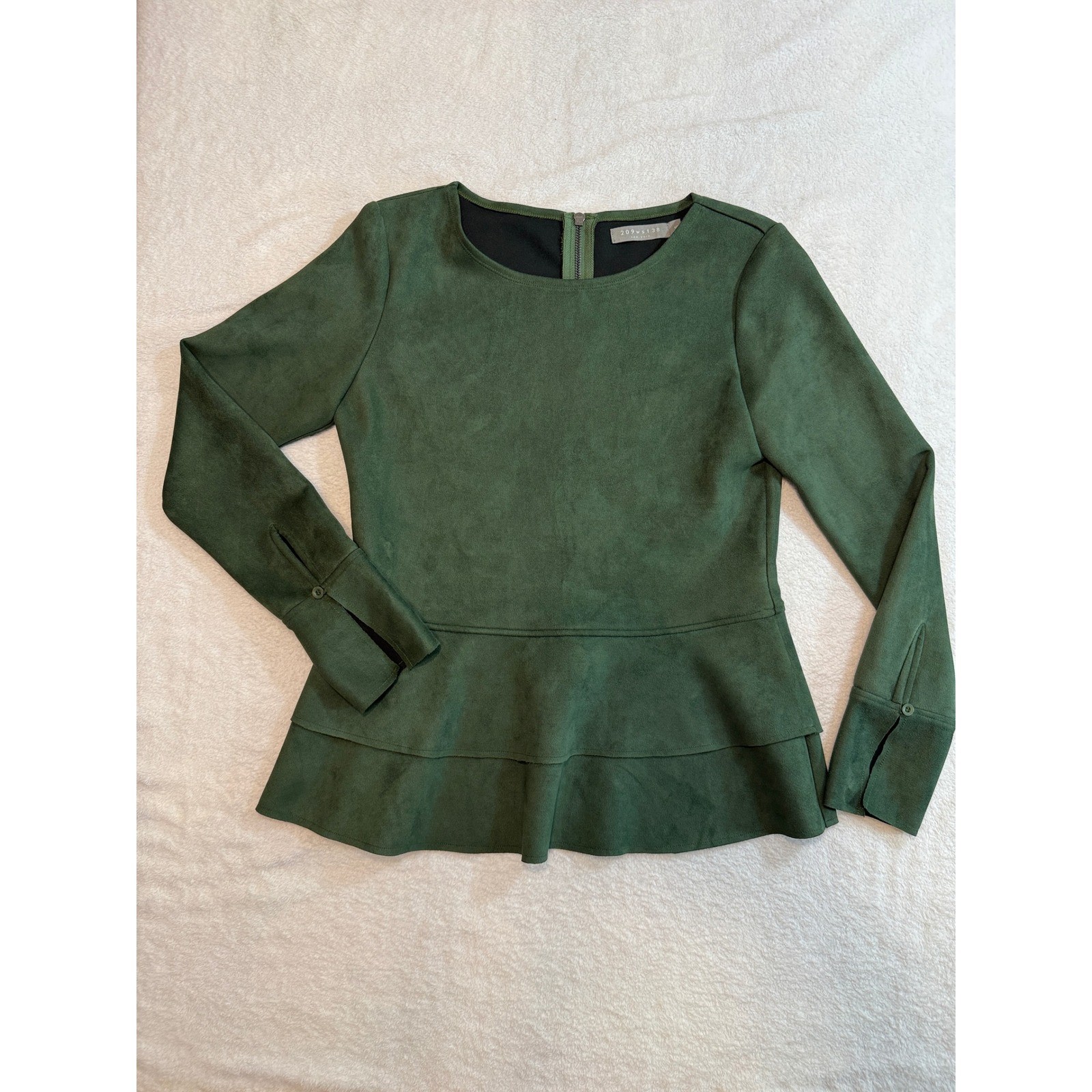 209 West 38 New York Womens Green Faux Suede Peplum Blouse Long Sleeve Small