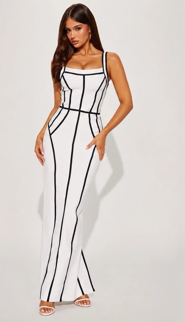Women’s White/Black Striped Sleeveless Square Neck Jumpsuit One-Piece S/M