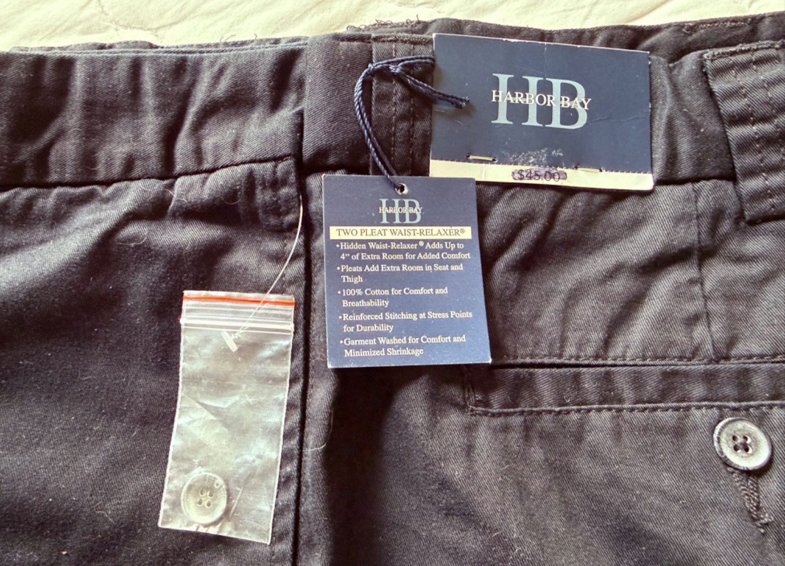 Harbor Bay Waist-Relaxer Pleated Cotton Twill Black Pants – 50″ x 30″ – NWT