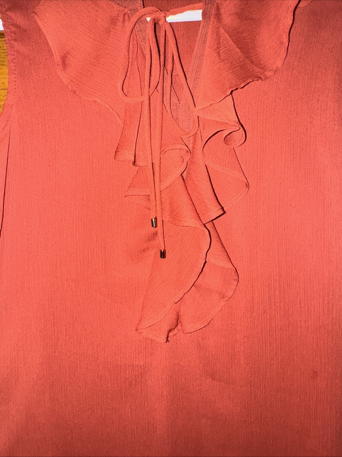 Sleeveless Ruffled Keyhole Tie Blouse Rust Brick Flowy Semi Sheer Small Tommy