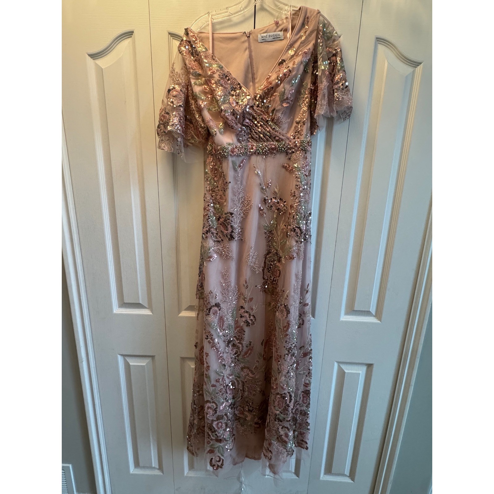 Mac Duggal 67880 Rose Pink Floral Sequin Flutter Sleeve Gown Dress Size 8 NEW